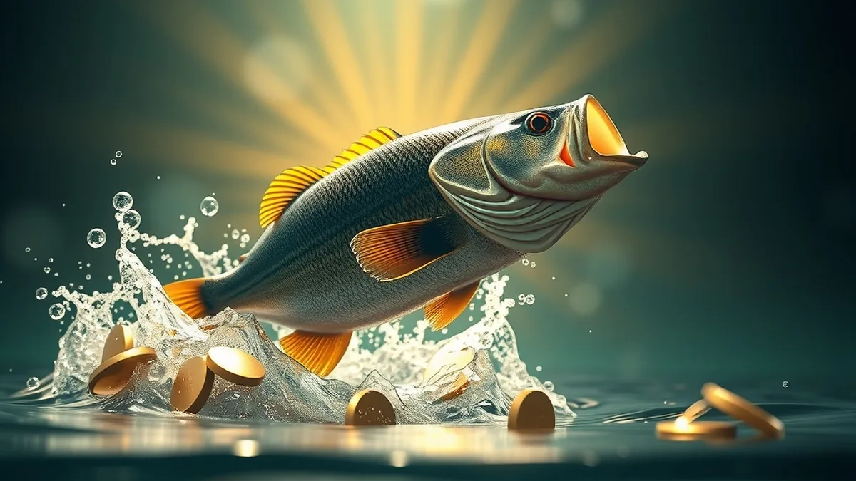 Underwater bass bursting through a splash with gold coins inspired by Big Bass Splash