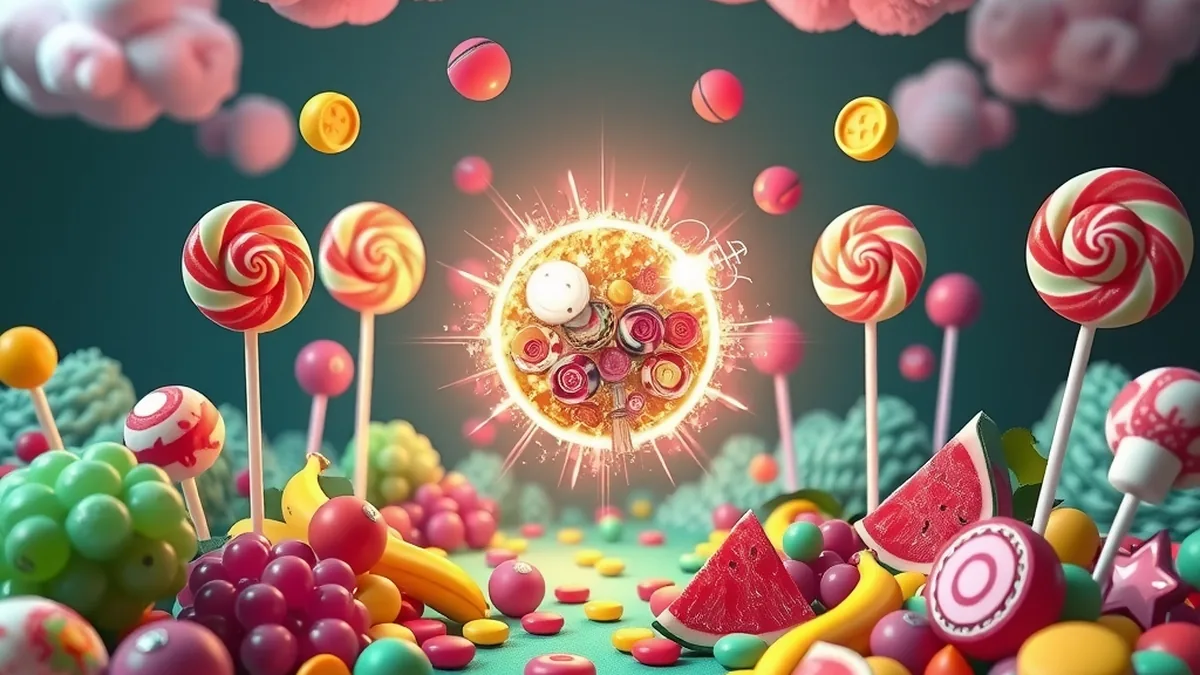 Cascading sweets and fruits in a candy landscape inspired by Sweet Bonanza