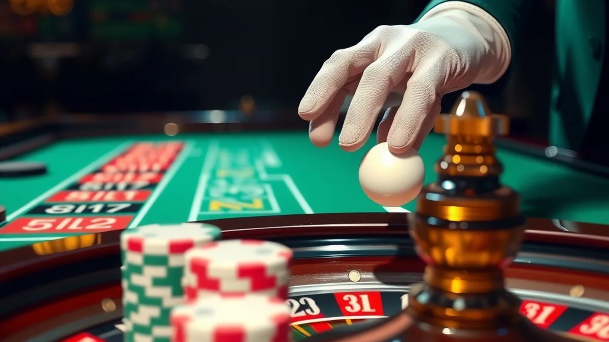 Dealer's hands spinning a live roulette wheel with chips on green felt
