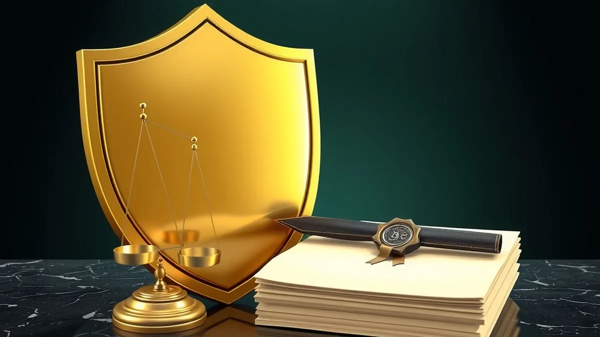 Golden shield, brass scales and sealed documents symbolising Tucan Casino safety and licensing