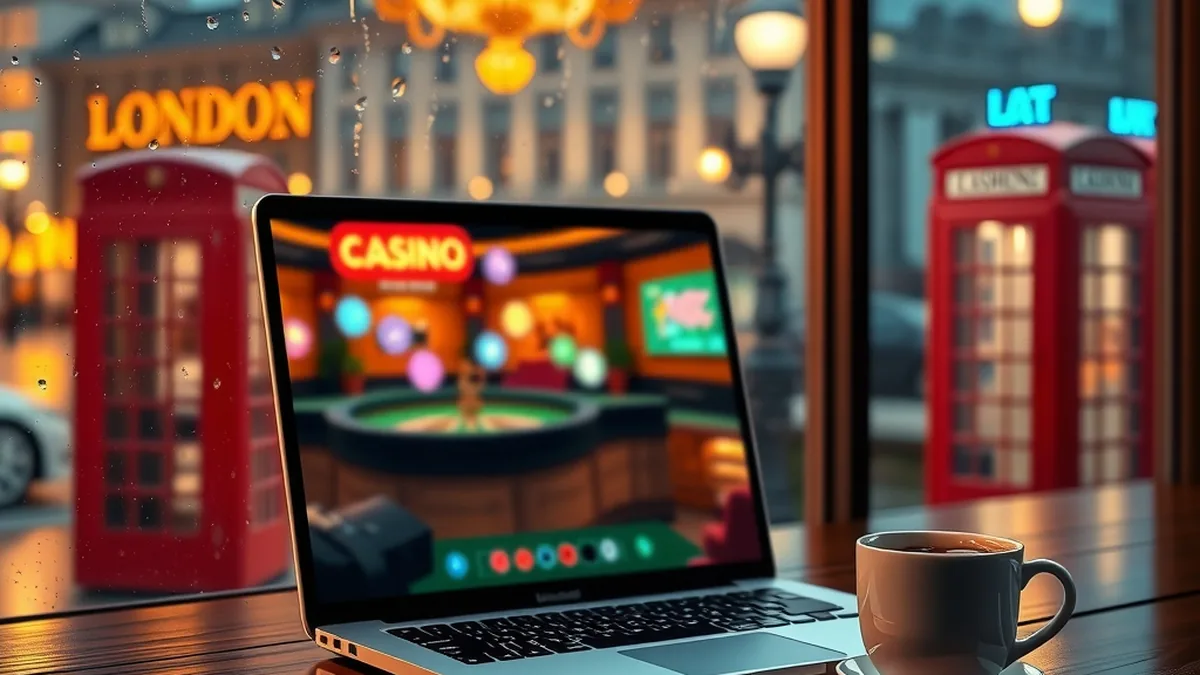 Laptop showing a blurred casino lobby beside a window with London evening lights